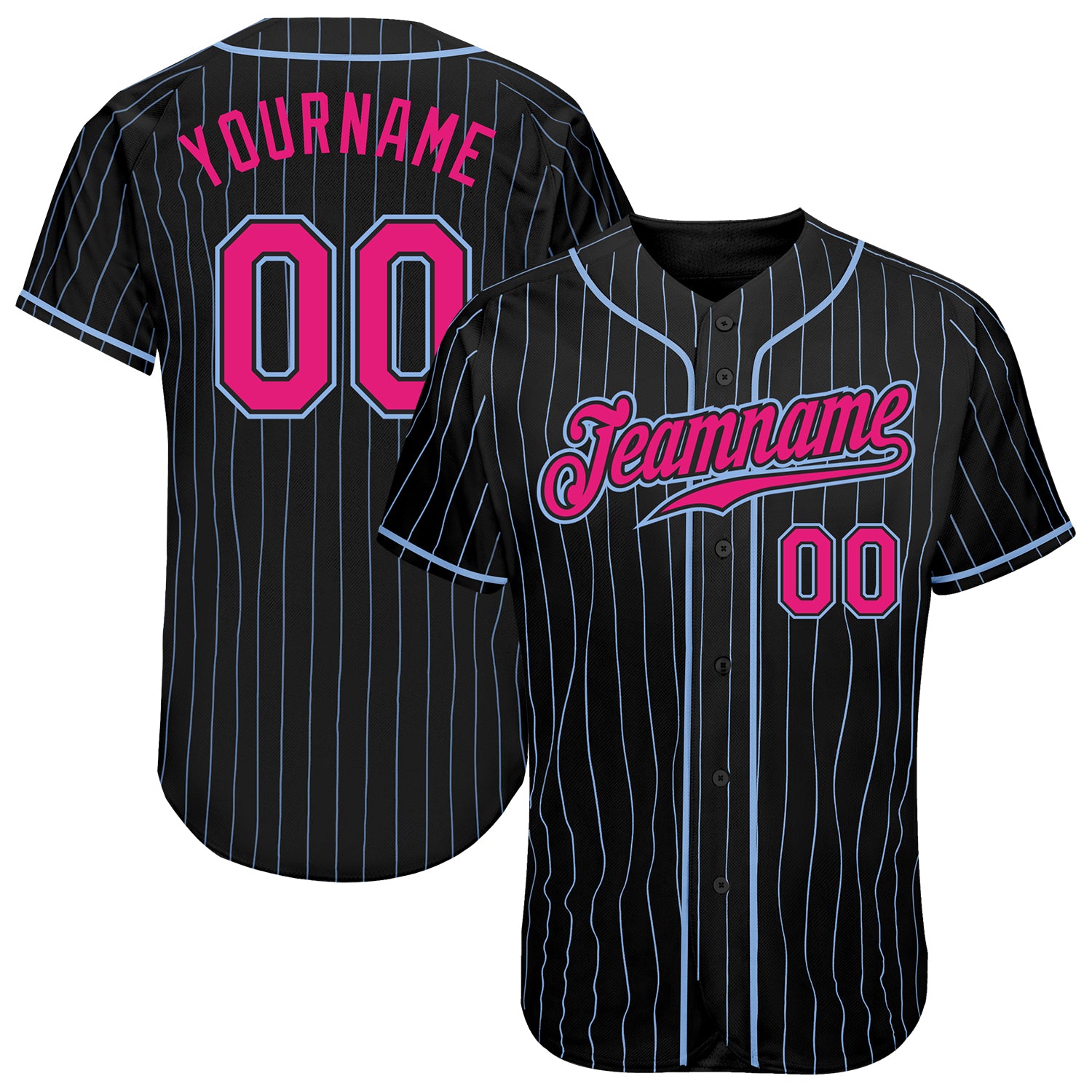 Custom Hot Pink Light Blue Pinstripe Baseball Jersey - Authentic Style 9689 Custom Black Light Blue Pinstripe Hot Pink-Light