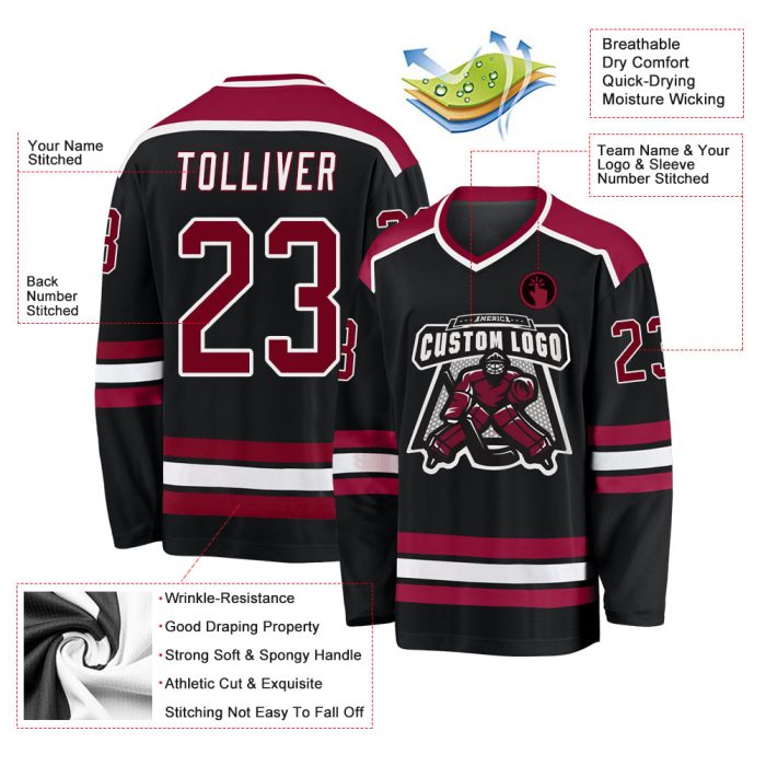 Custom Black Maroon White Hockey Jersey - Personalized Ice Hockey Team Jersey Custom Black Maroon-White Hockey Jersey - Image 3