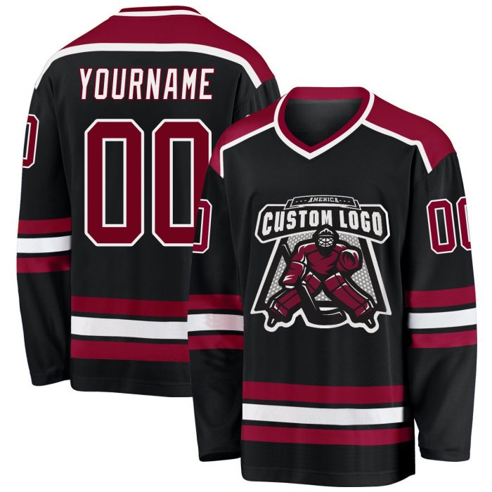 Custom Black Maroon White Hockey Jersey - Personalized Ice Hockey Team Jersey Custom Black Maroon-White Hockey Jersey - Image 1