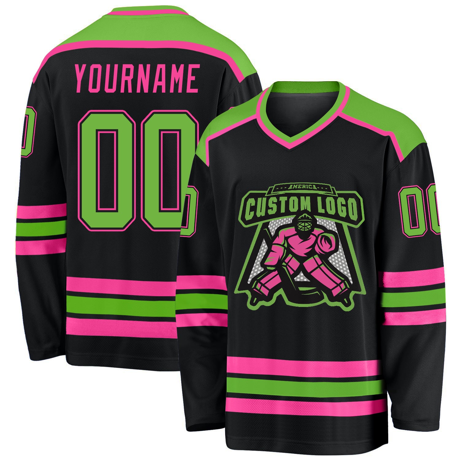 Custom Black Neon Green-Pink Hockey Jersey Custom Black Neon Hockey Jersey with Green and Pink Accents - Personalized Sports Apparel Custom Black Neon Green-Pink Hockey - Image 1