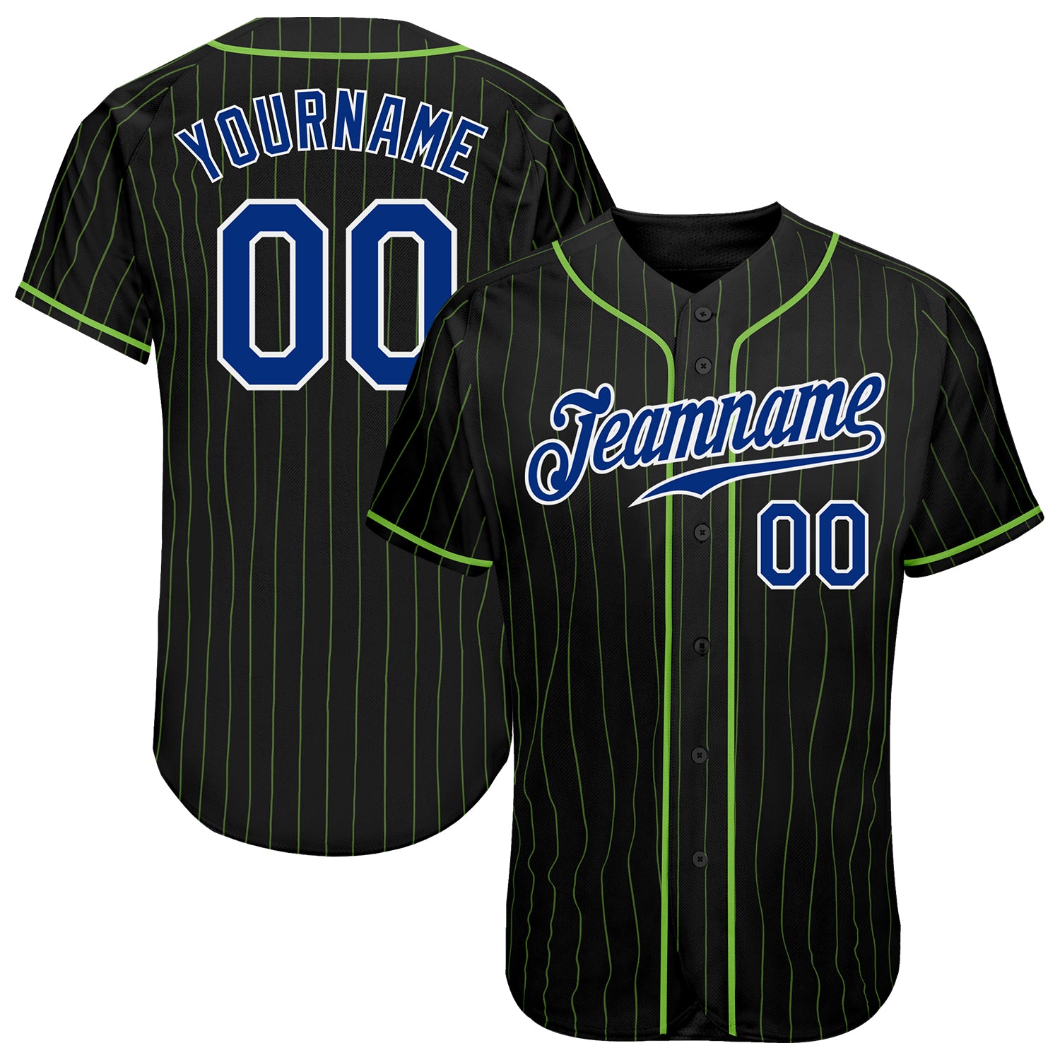 Custom Black Neon Green Pinstripe Baseball Jersey - Authentic Royal-White Style 9228 Custom Black Neon Green Pinstripe Royal-White