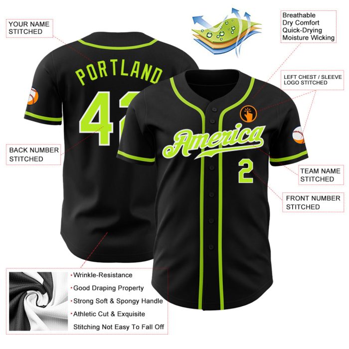 Custom Baseball Jersey - Black Neon Green-White, Authentic Style 7531 Custom Black Neon Green-White Authentic Baseball Jersey - Image 3