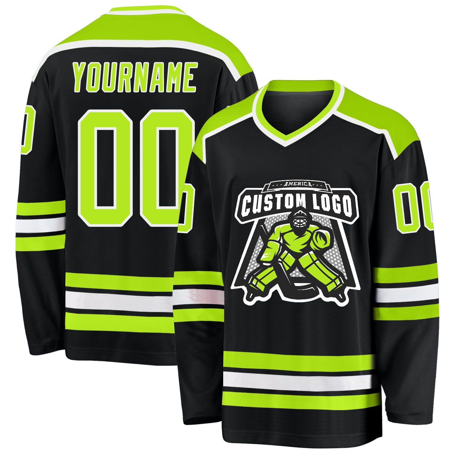 Custom Black Neon Green White Hockey Jersey for Men and Women, Style 7403 Custom Black Neon Green-White Hockey Jersey Style