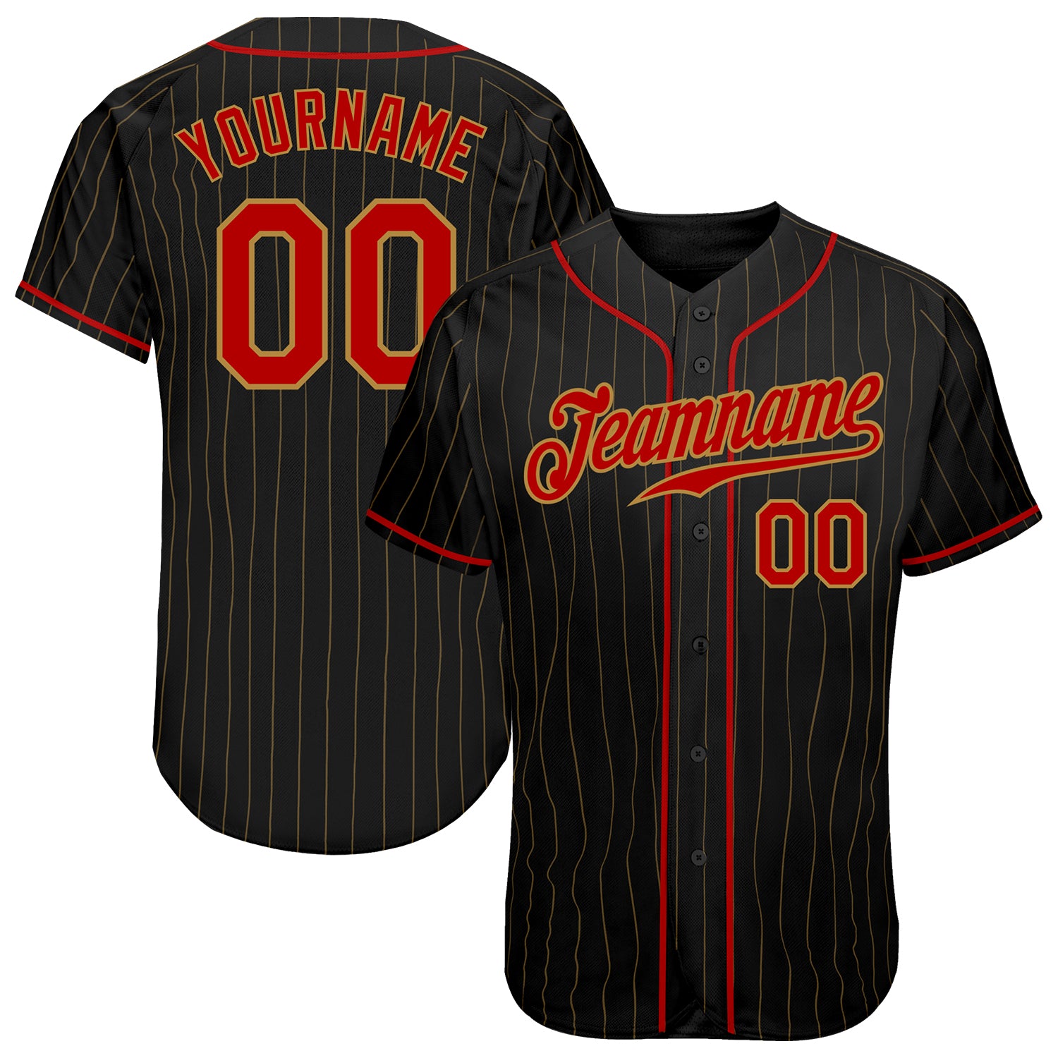 Custom Black Gold Pinstripe Baseball Jersey Red Old Gold Authentic Style 7386 Custom Black Old Gold Pinstripe Red-Old Gold
