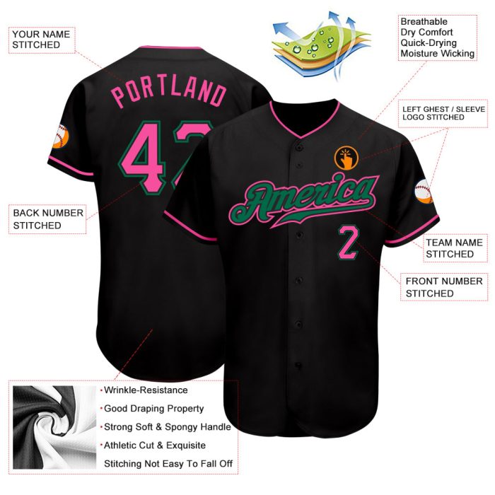 Custom Black Pink Kelly Green Baseball Jersey Authentic Design Custom Black Pink-Kelly Green Authentic Baseball Jersey - Image 3
