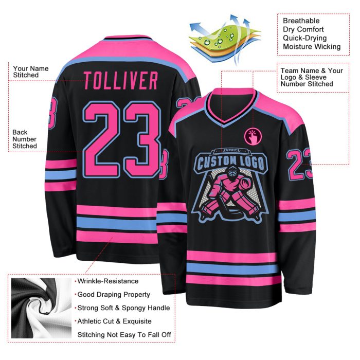 Custom Black Pink-Light Blue Hockey Jersey Personalized Team Apparel Custom Black Pink-Light Blue Hockey Jersey - Image 3