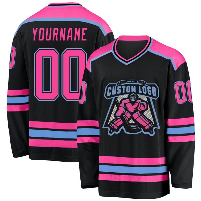 Custom Black Pink-Light Blue Hockey Jersey Personalized Team Apparel Custom Black Pink-Light Blue Hockey Jersey - Image 1