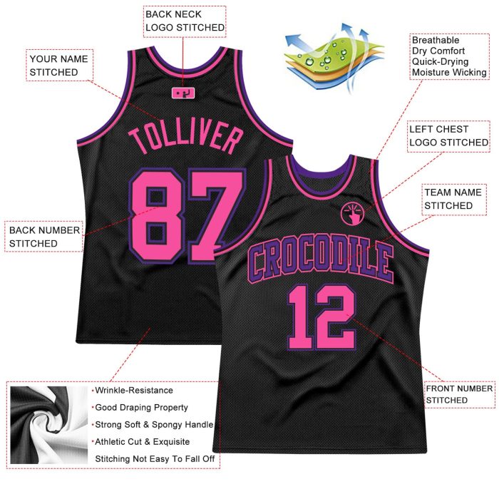 Black Pink Purple Custom Authentic Basketball Jersey - Throwback Style Custom Black Pink-Purple Authentic Throwback Basketball - Image 2