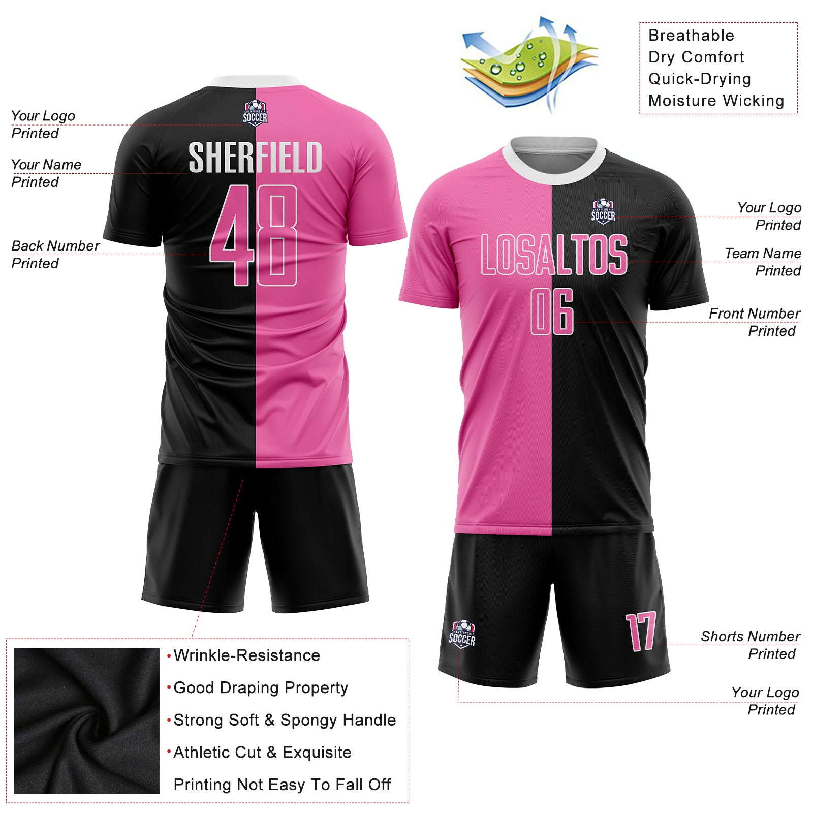 Custom Black Pink-White Sublimation Split Fashion Soccer Uniform Jersey Custom Black Pink White Sublimation Soccer Uniform Jersey - Split Design Fashion Gear Custom Black Pink-White Sublimation - Image 3