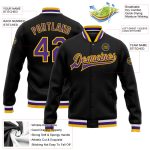 Custom Black Purple Gold Bomber Jacket for Men Women, Full-Snap Varsity Letterman Style Custom Black Purple-Gold Bomber Full-Snap - Image 3