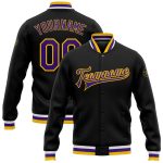 Custom Black Purple Gold Bomber Jacket for Men Women, Full-Snap Varsity Letterman Style Custom Black Purple-Gold Bomber Full-Snap