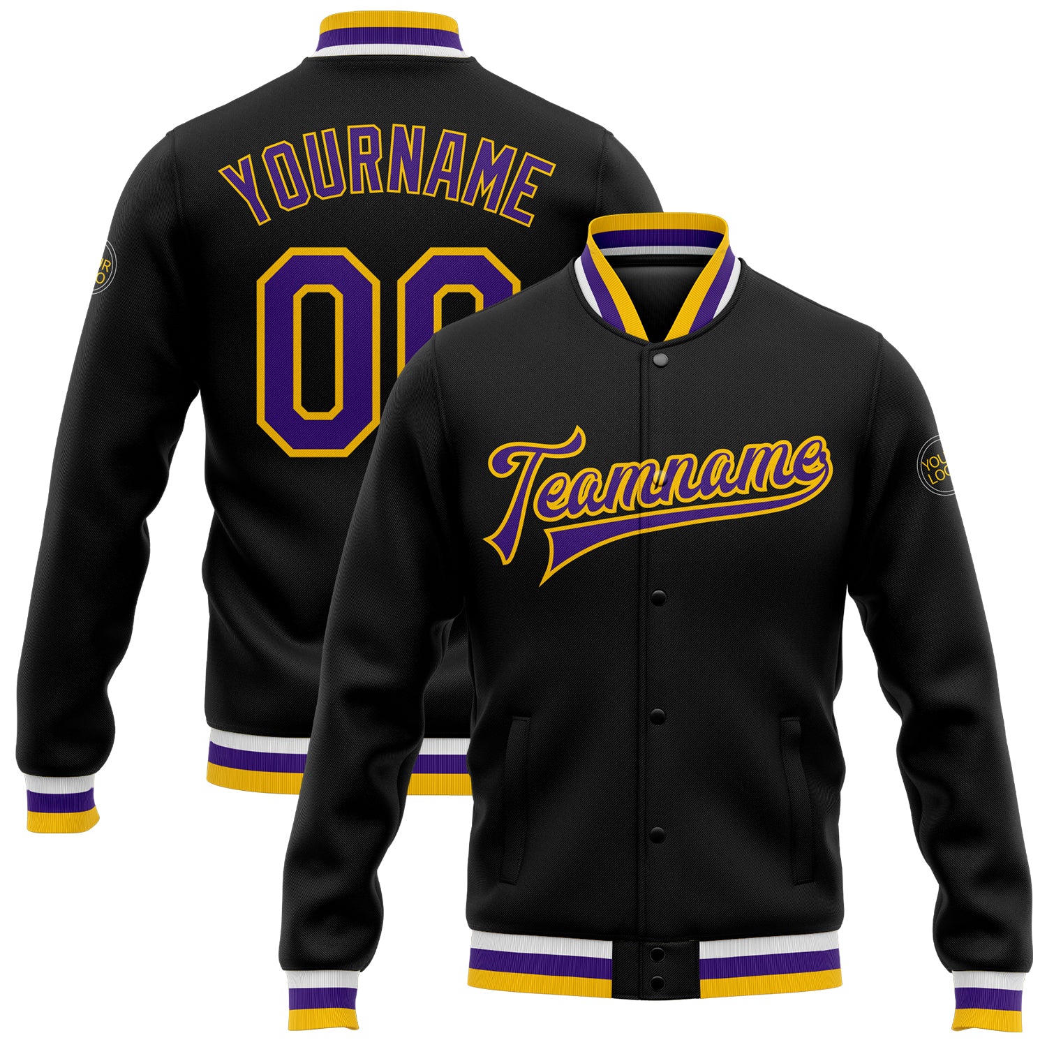 Custom Black Purple Gold Bomber Jacket for Men Women, Full-Snap Varsity Letterman Style Custom Black Purple-Gold Bomber Full-Snap