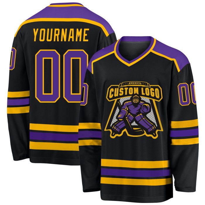 Custom Black Purple Gold Hockey Jersey for Men and Women - Personalized Sports Apparel Custom Black Purple-Gold Hockey Jersey - Image 1