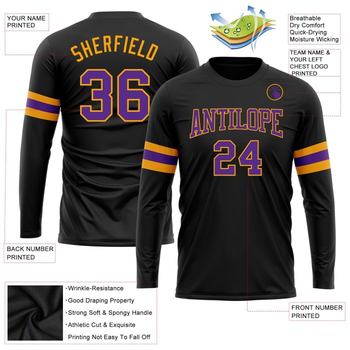 Black Purple Gold Long Sleeve Performance T-Shirt - Custom Athletic Tee for Men and Women Custom Black Purple-Gold Long Sleeve - Image 3