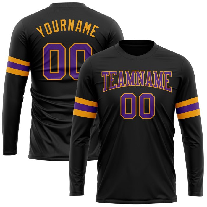 Black Purple Gold Long Sleeve Performance T-Shirt - Custom Athletic Tee for Men and Women Custom Black Purple-Gold Long Sleeve - Image 1
