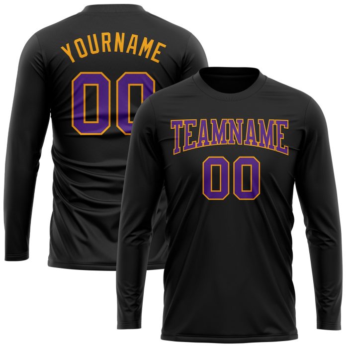Black Purple Gold Long Sleeve Performance T-Shirt - Custom Athletic Tee for Men and Women Custom Black Purple-Gold Long Sleeve - Image 2