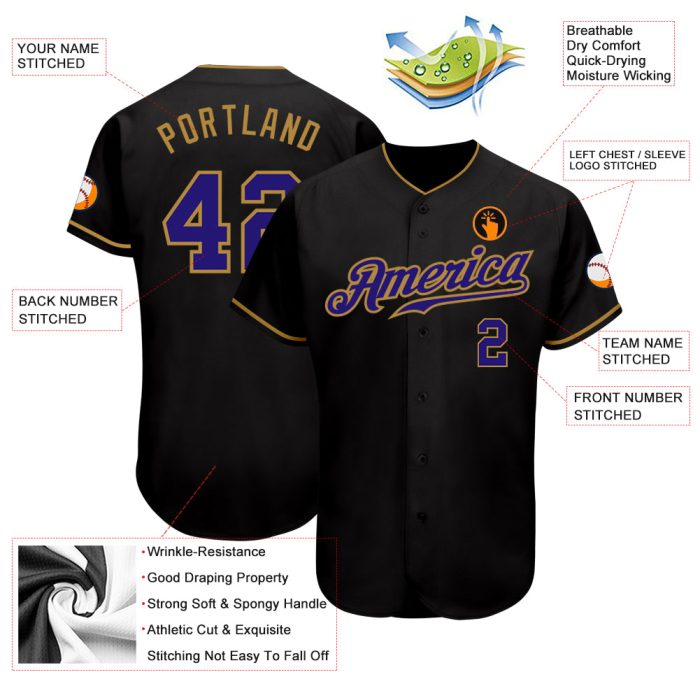 Custom Black and Purple Authentic Baseball Jersey - Old Gold Style 6062 Custom Black Purple-Old Gold Authentic Baseball Jersey - Image 3