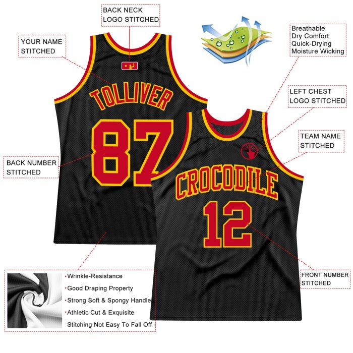 Custom Black Red Gold Basketball Jersey - Authentic Throwback Design Custom Black Red-Gold Authentic Throwback Basketball - Image 2