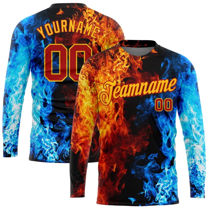 Custom 3D Flame Long Sleeve Performance T-Shirt in Black Red Gold Royal-Light Blue Custom Black Red Gold Royal-Light Blue - Image 1