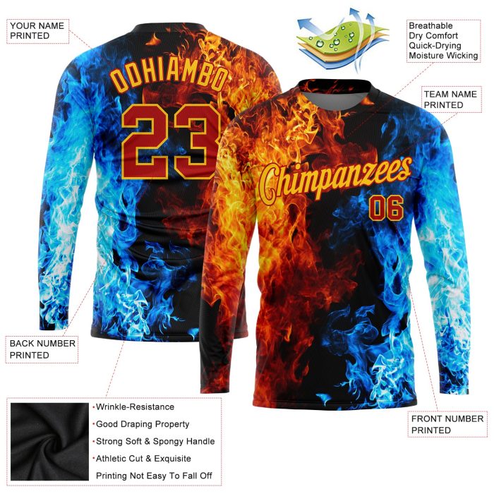 Custom 3D Flame Long Sleeve Performance T-Shirt in Black Red Gold Royal-Light Blue Custom Black Red Gold Royal-Light Blue - Image 2