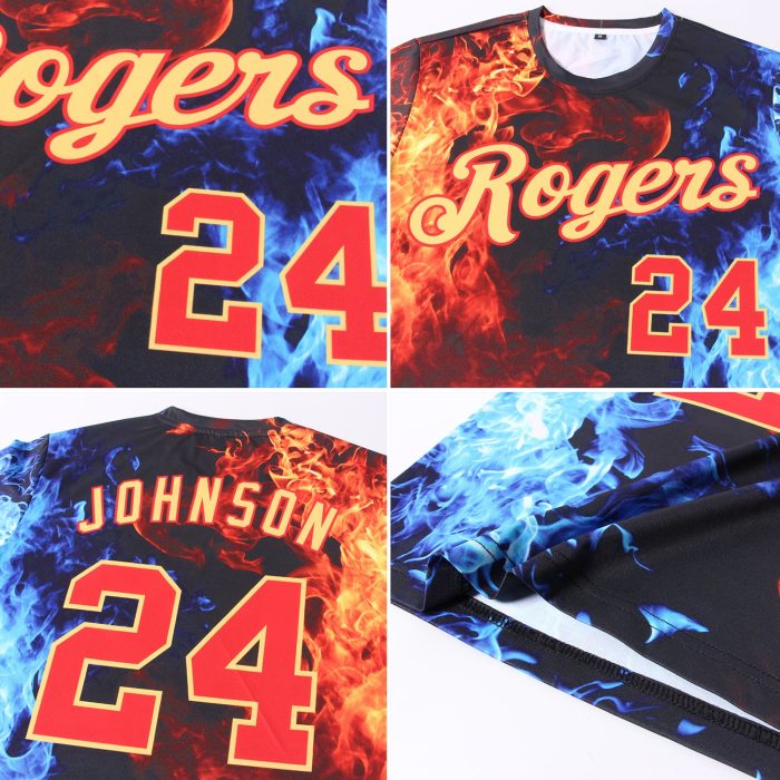 Custom 3D Flame Long Sleeve Performance T-Shirt in Black Red Gold Royal-Light Blue Custom Black Red Gold Royal-Light Blue - Image 5