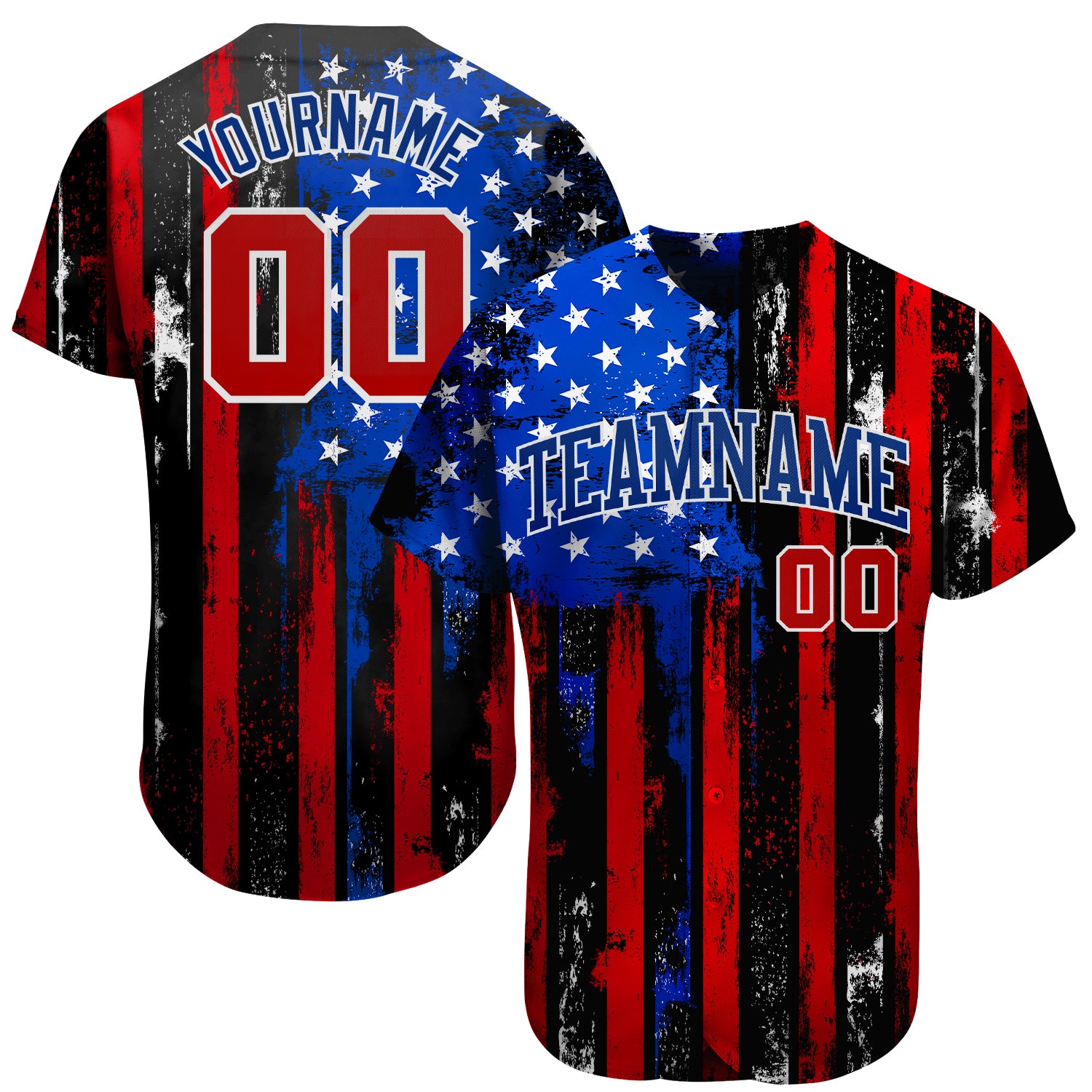 Custom 3D Distressed American Flag Baseball Jersey - Black Red Royal White Authentic Design Custom Black Red Royal-White