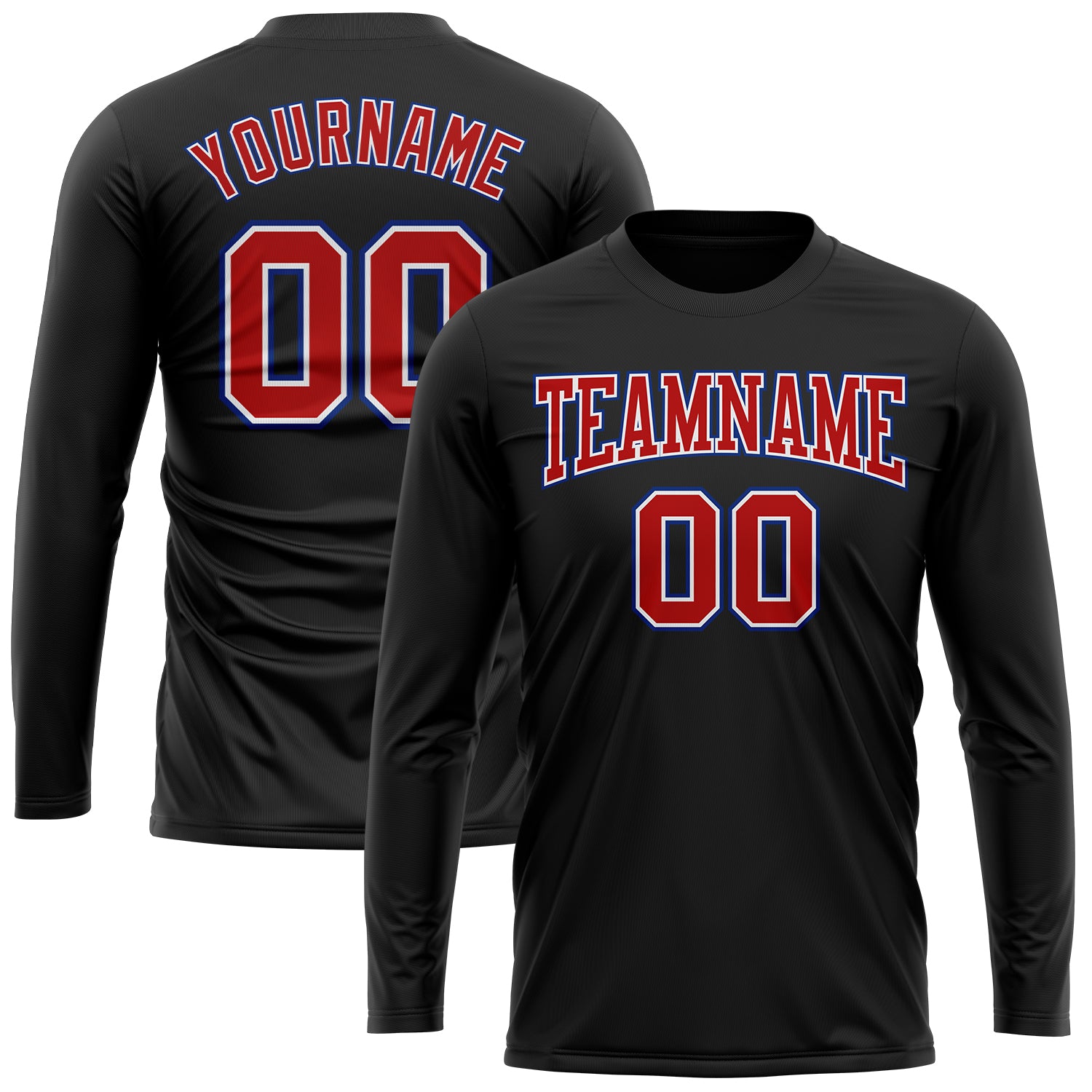 Custom Black Red Royal-White Long Sleeve Performance T-Shirt Custom Performance T-Shirt in Black Red Royal-White Long Sleeve Design Custom Black Red Royal-White Long Sleeve Performance - Image 2