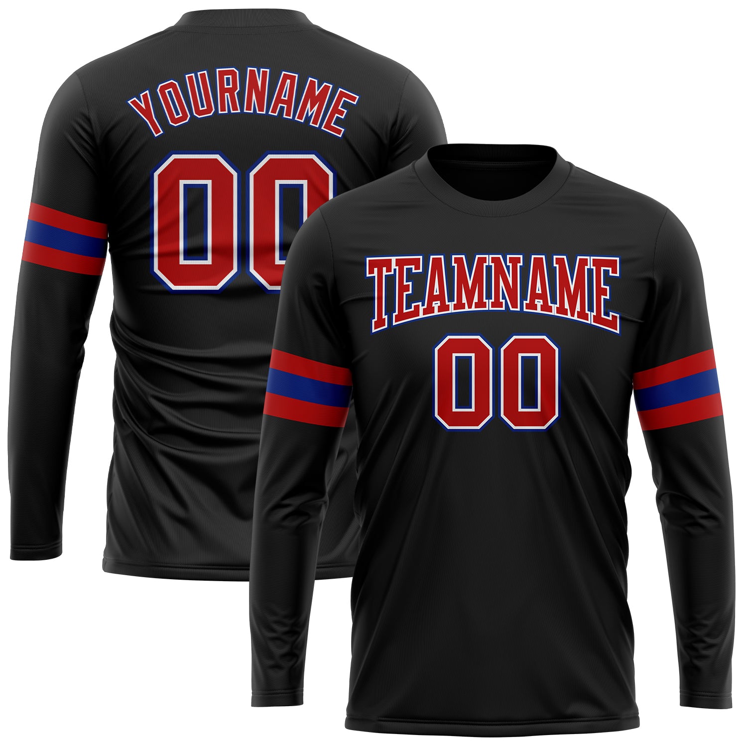 Custom Black Red Royal-White Long Sleeve Performance T-Shirt Custom Performance T-Shirt in Black Red Royal-White Long Sleeve Design Custom Black Red Royal-White Long Sleeve Performance - Image 1