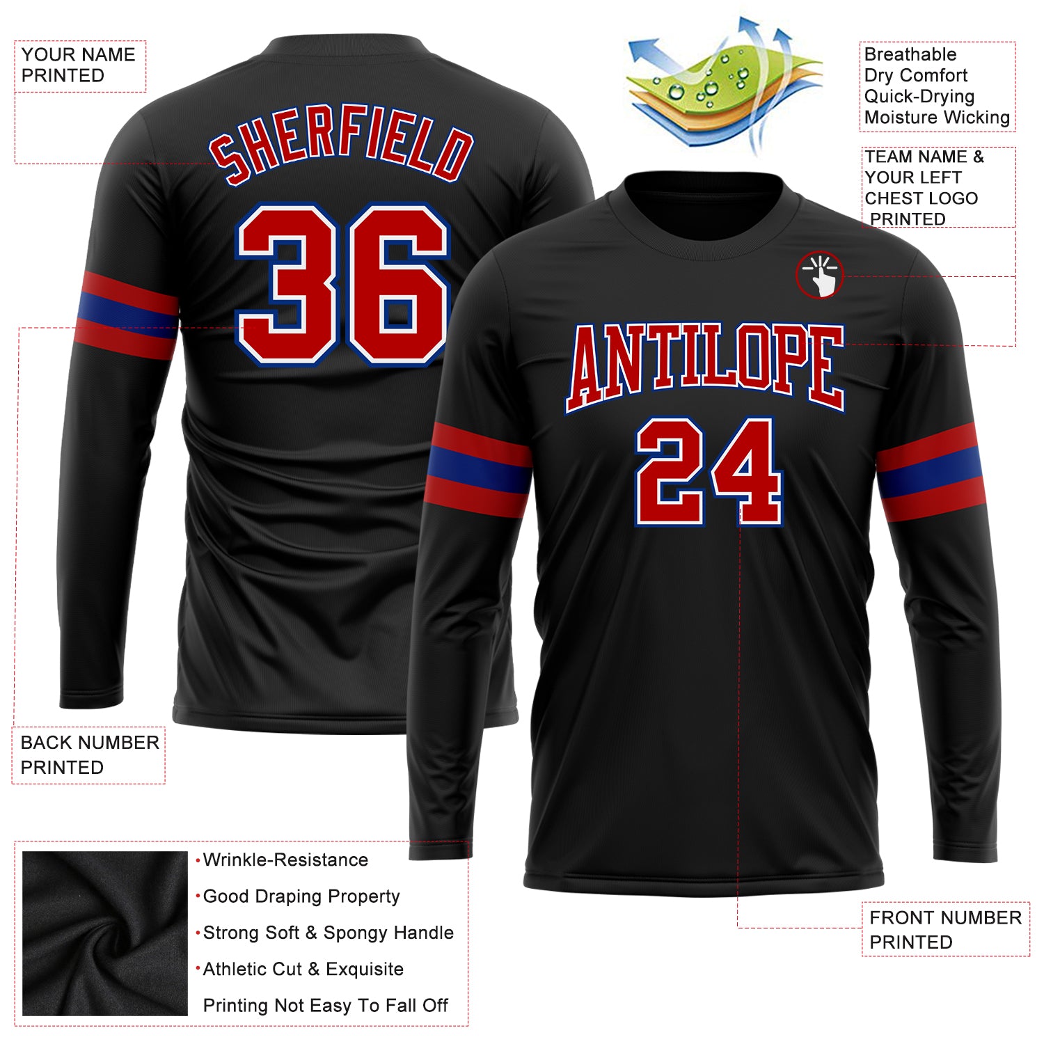Custom Black Red Royal-White Long Sleeve Performance T-Shirt Custom Performance T-Shirt in Black Red Royal-White Long Sleeve Design Custom Black Red Royal-White Long Sleeve Performance - Image 3