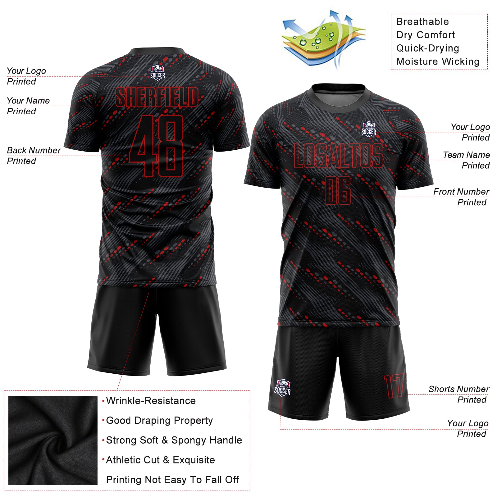 Custom Black Red Sublimation Soccer Uniform Jersey Custom Sublimation Soccer Jersey - Black Red Design, Personalized Uniform Custom Black Red Sublimation Soccer Uniform Jersey - Image 3