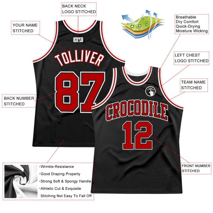 Custom Basketball Jersey Black Red White Authentic Throwback Style 9210 Custom Black Red-White Authentic Throwback Basketball - Image 2