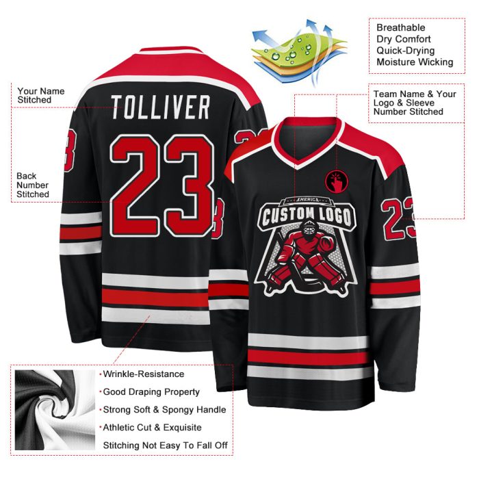 Custom Hockey Jersey Black Red White - Personalized Team Jersey Custom Black Red-White Hockey Jersey - Image 3