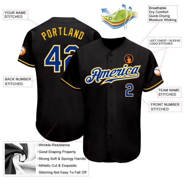 Custom Black Gold Baseball Jersey - Authentic Style 4389, Royal Design Custom Black Royal-Gold Authentic Baseball Jersey - Image 3