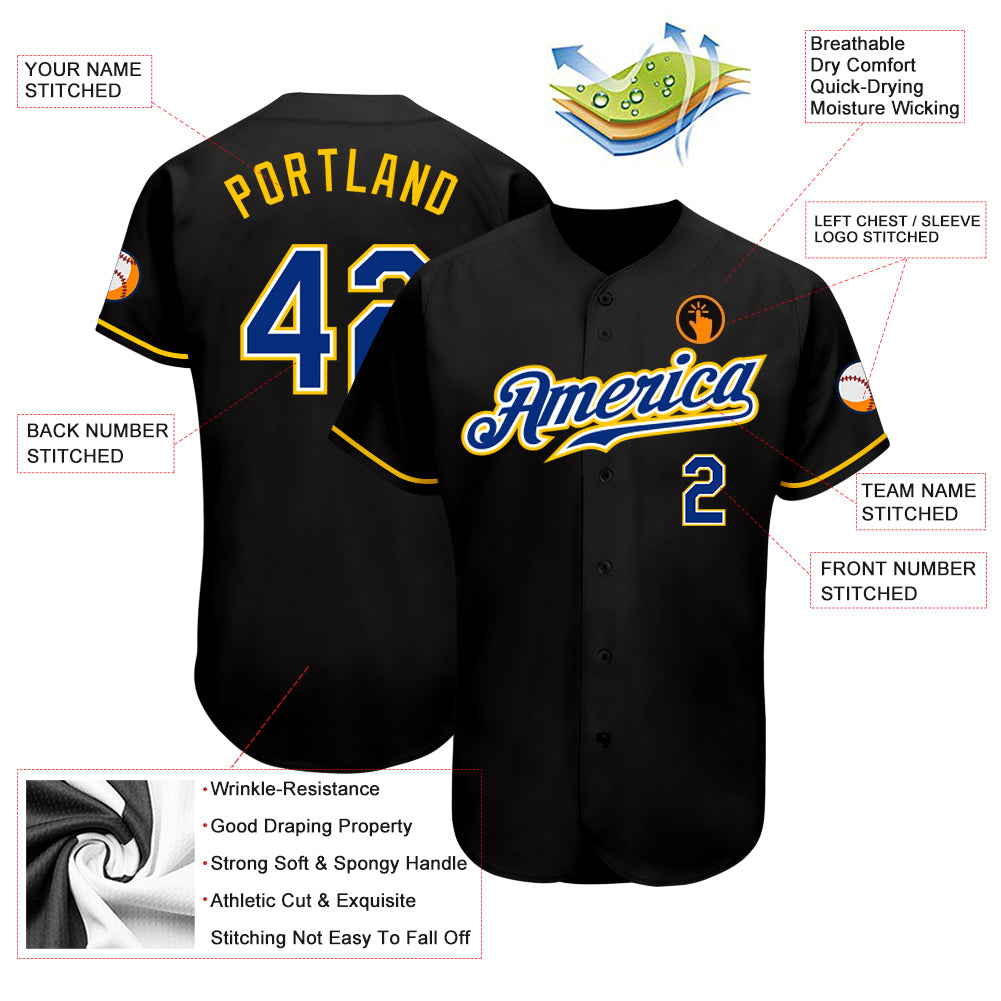 Custom Black Royal-Gold Authentic Baseball Jersey Style 4389 Custom Black Gold Baseball Jersey - Authentic Style 4389, Royal Design Custom Black Royal-Gold Authentic Baseball Jersey - Image 3