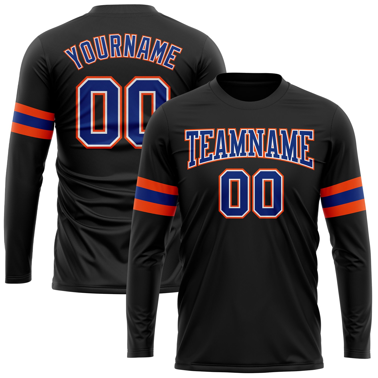 Custom Black Long Sleeve Performance T-Shirt - Royal Orange and White Design Custom Black Royal Orange-White Long Sleeve