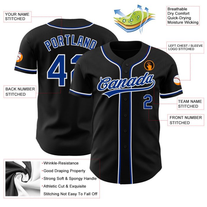 Custom Black White Authentic Baseball Jersey - Personalized Team Apparel Custom Black Royal-White Authentic Baseball Jersey - Image 3