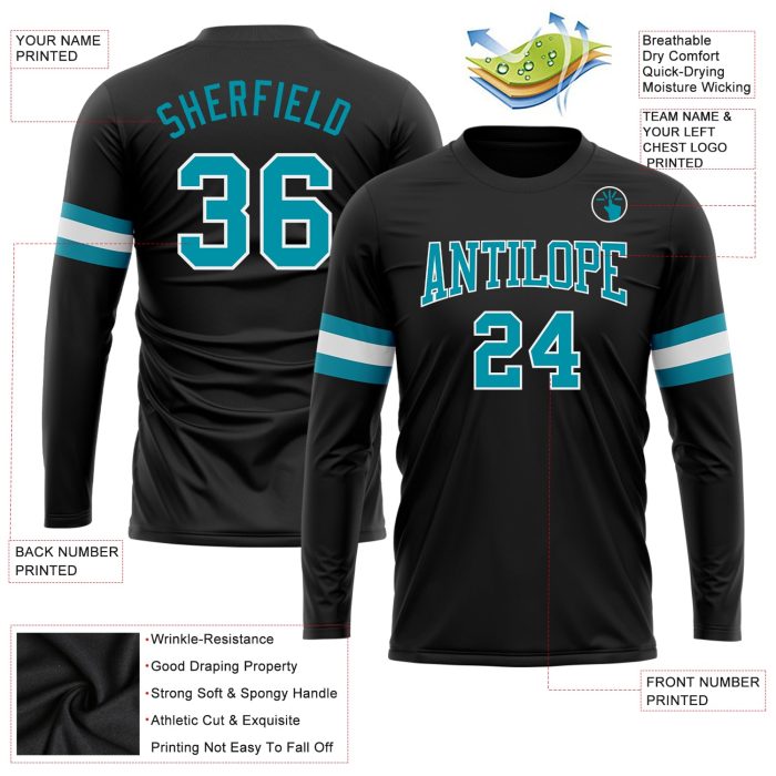 Custom Performance T-Shirt in Black Teal White - Long Sleeve Athletic Top for Men and Women Custom Black Teal-White Long - Image 3
