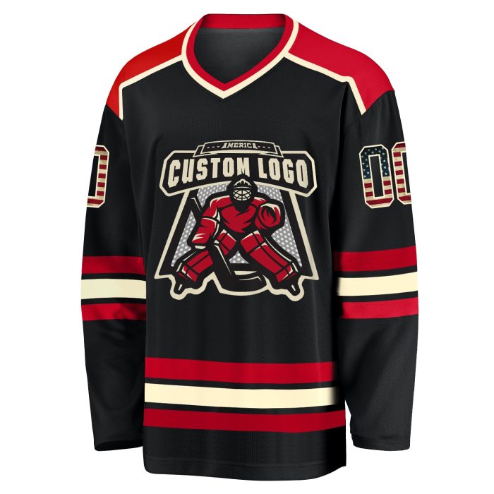 Custom Black Vintage USA Flag Hockey Jersey Cream-Red Unisex Design Custom Black Vintage USA Flag Cream-Red Hockey Jersey - Image 2