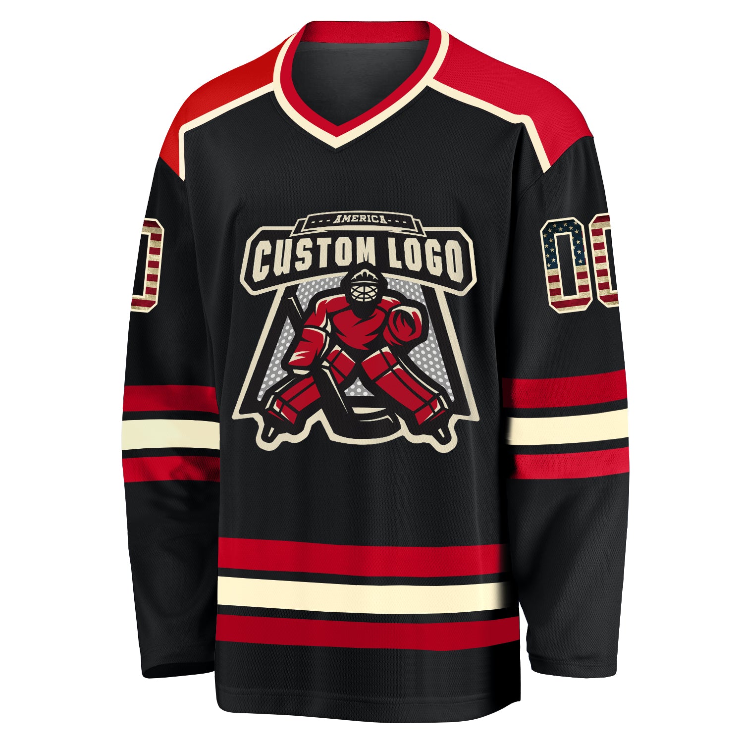 Custom Black Vintage USA Flag Cream-Red Hockey Jersey Custom Black Vintage USA Flag Hockey Jersey Cream-Red Unisex Design Custom Black Vintage USA Flag Cream-Red Hockey Jersey - Image 2