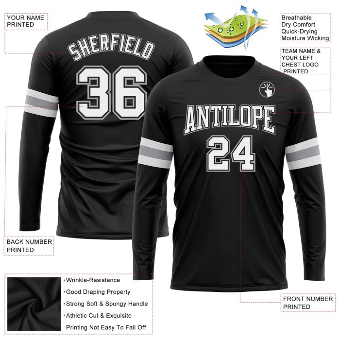 Custom Long Sleeve Performance T-Shirt in Black White Gray Custom Black White-Gray Long Sleeve Performance T-Shirt - Image 3