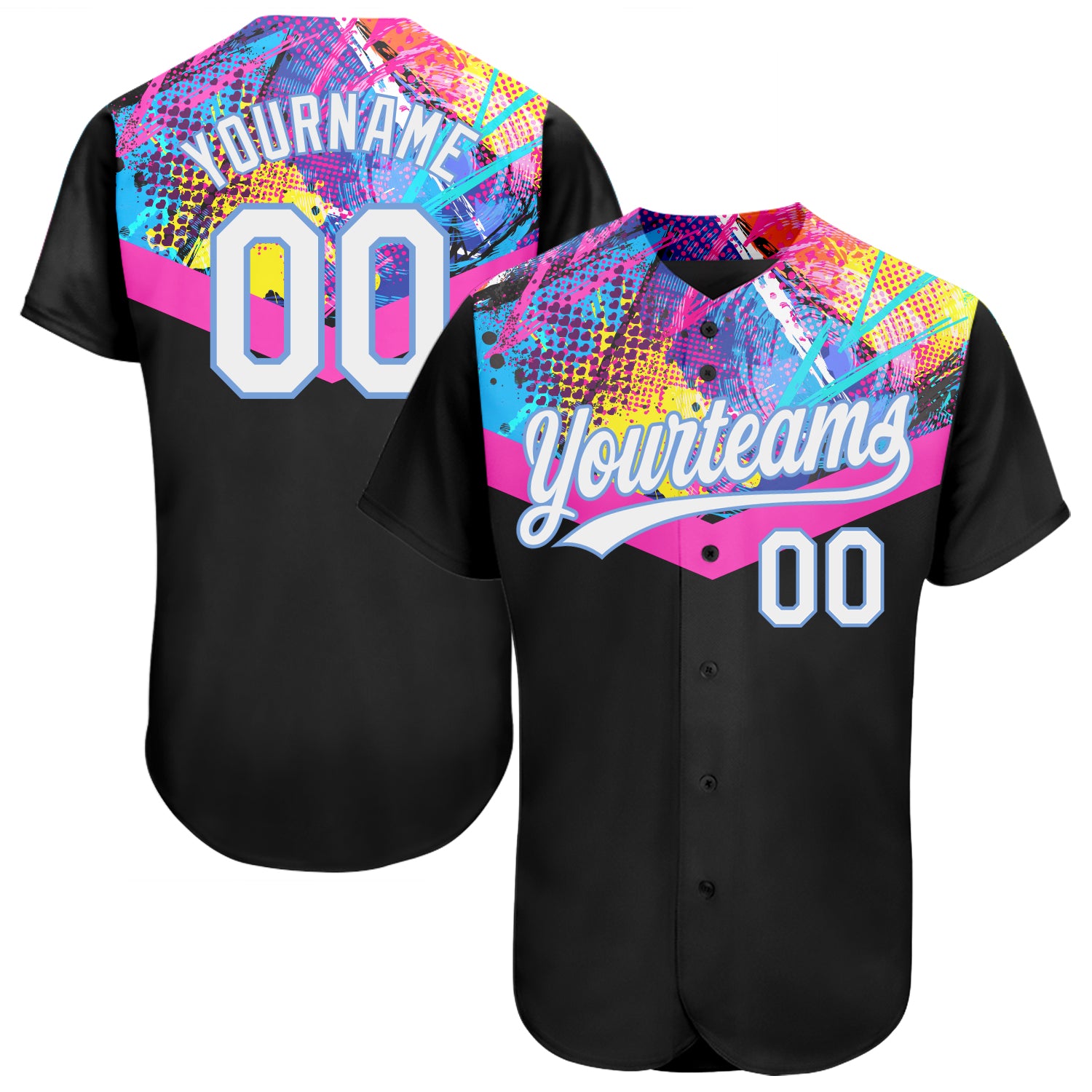 Custom 3D Pattern Baseball Jersey - Black White Light Blue Design, Authentic Sportswear Custom Black White-Light Blue 3D