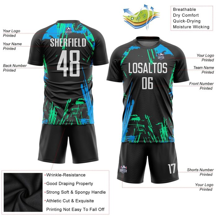 Custom Soccer Uniform Jersey - Black White Light Blue Sublimation Style 2059 Custom Black White-Light Blue Sublimation Soccer - Image 3