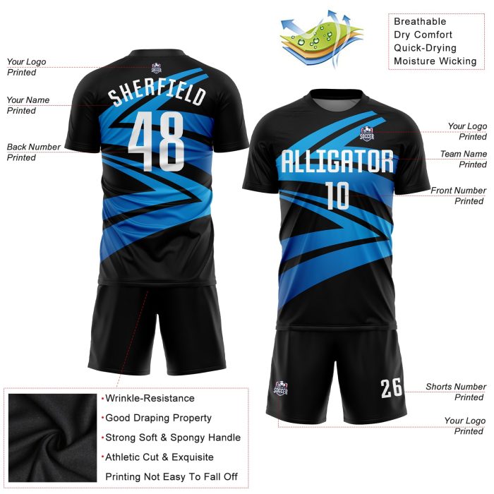 Custom Sublimation Soccer Uniform Jersey Black White Light Blue Style 9918 Custom Black White-Light Blue Sublimation Soccer - Image 3