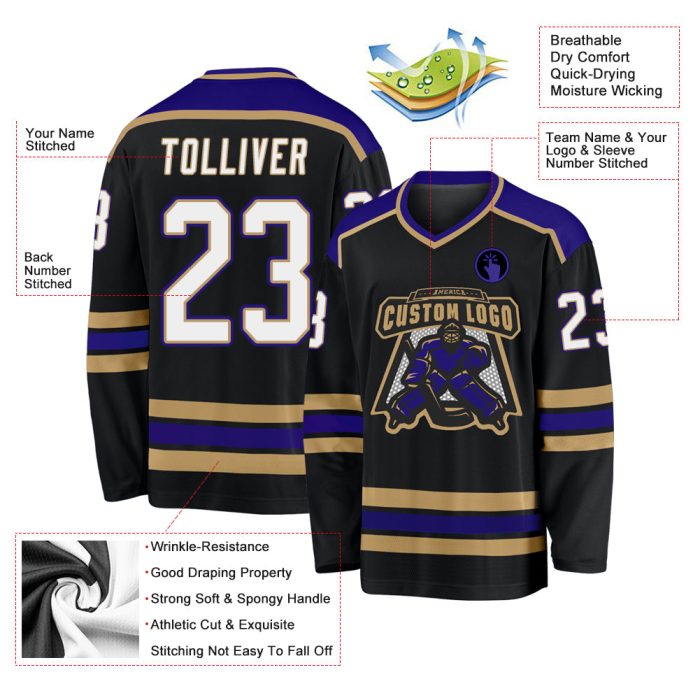 Custom Black White Old Gold Purple Hockey Jersey for Men and Women, Personalized Team Apparel Custom Black White Old Gold-Purple - Image 3