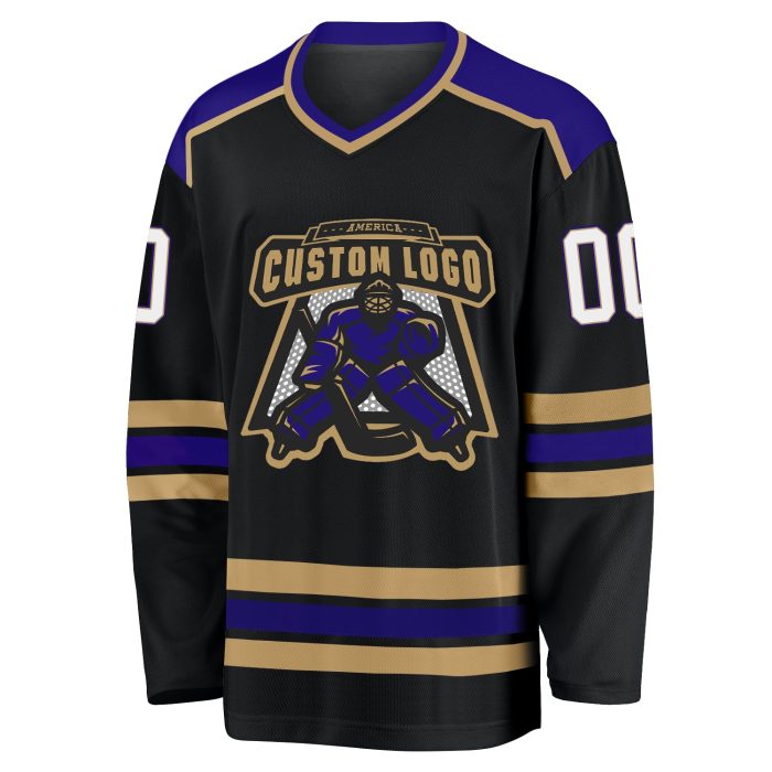 Custom Black White Old Gold Purple Hockey Jersey for Men and Women, Personalized Team Apparel Custom Black White Old Gold-Purple - Image 2