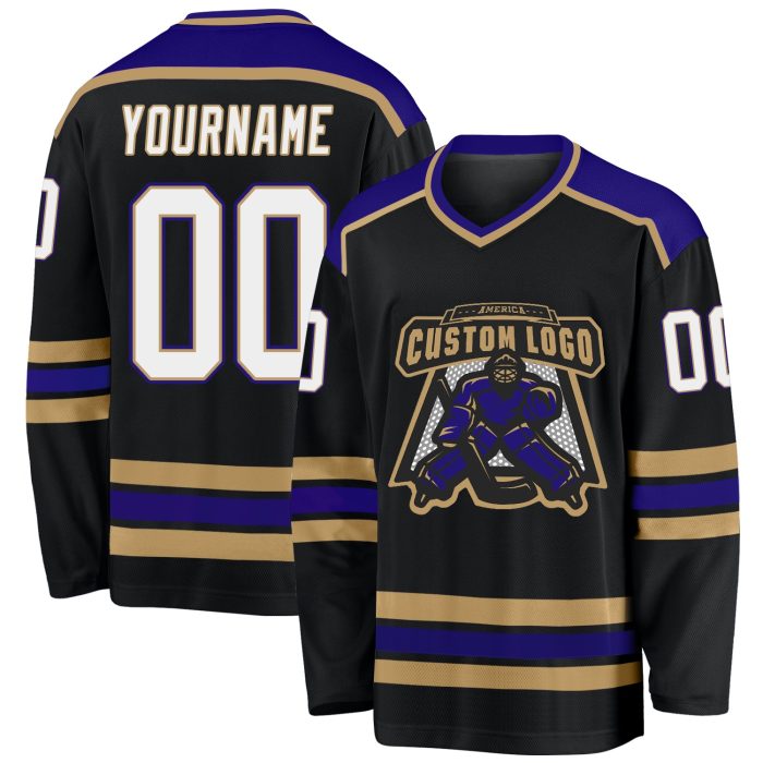 Custom Black White Old Gold Purple Hockey Jersey for Men and Women, Personalized Team Apparel Custom Black White Old Gold-Purple - Image 1