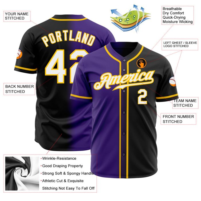 Custom Purple Gold Black White Fade Baseball Jersey - Authentic Fashion Style Custom Black White Purple-Gold Authentic Fade - Image 2