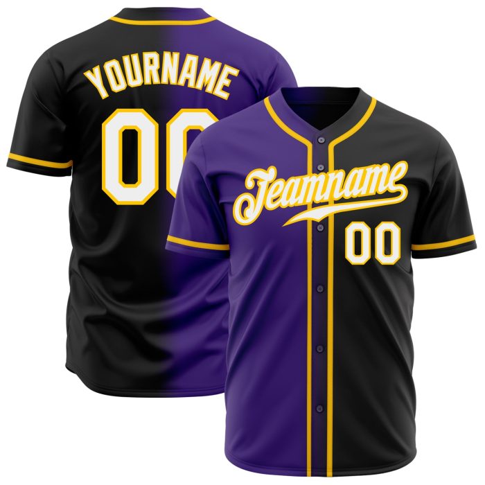 Custom Purple Gold Black White Fade Baseball Jersey - Authentic Fashion Style Custom Black White Purple-Gold Authentic Fade - Image 1