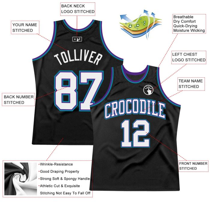 Custom Basketball Jersey Black White Purple Teal Authentic Throwback Design Custom Black White Purple-Teal Authentic Throwback - Image 2