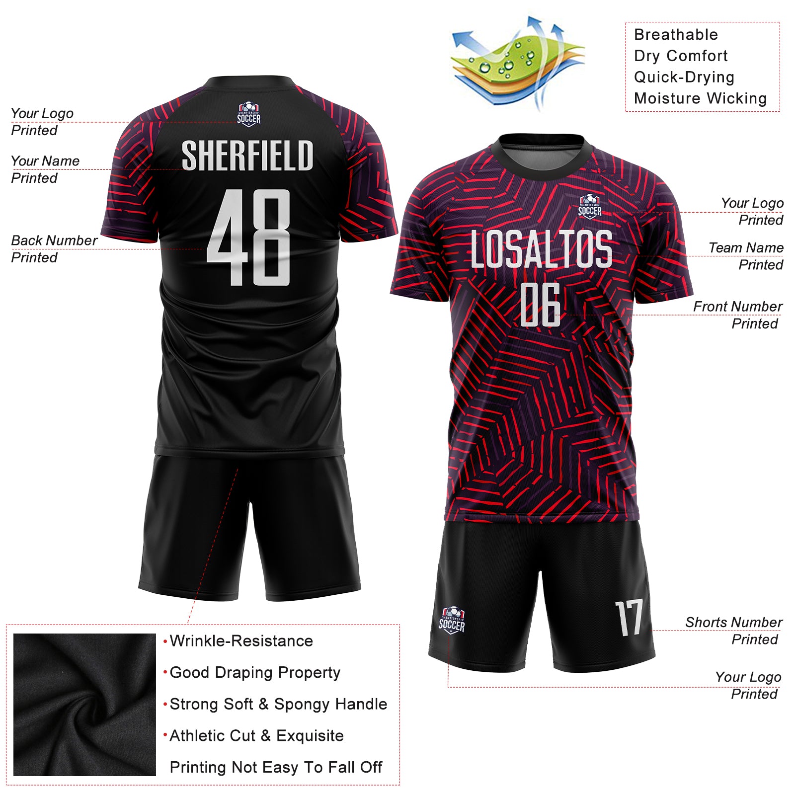 Custom Black White-Red Sublimation Soccer Uniform Jersey Style 7277 Custom Sublimation Soccer Uniform Jersey Black White Red Style 7277 Custom Black White-Red Sublimation Soccer Uniform Jersey - Image 3